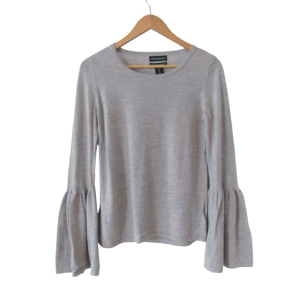 Cynthia Rowley Gray Bell Sleeve Sweater Small Extrafine Merino Wool Boho Knit